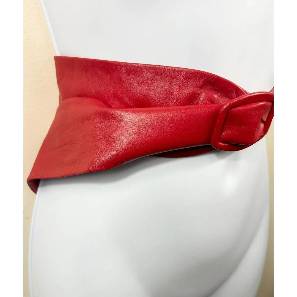 VTG St Michael Leather Belt Women 25-26 XS Red Wide Cinch Waist Sash UK Chic 90s
